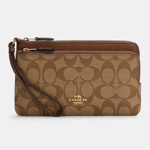 COACH Double Zip Wallet In Signature Canvas - Gold/Khaki Saddle 2 - C5576